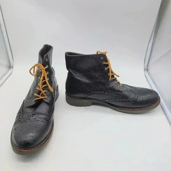 Black Leather Wing Tip Combat Boots Men's sz 12 by Floyd made in Portugal - Picture 2 of 10